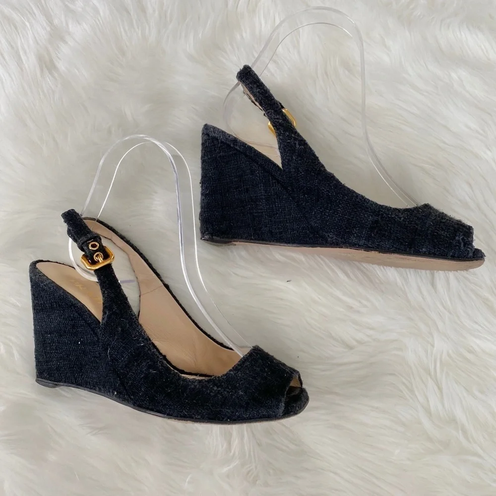 Prada tweed slingback peep toe wedges, Sz. 36.5